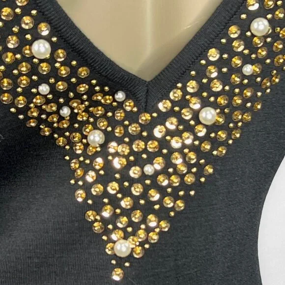 Vintage 80s Medium Long Sleeve Gold‎ Beaded Cocktail Dress